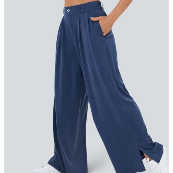 Halara Blue Twill Pleated High Waist Wide Leg Ankle Slit Pants Size Small TALL - Picture 6 of 11
